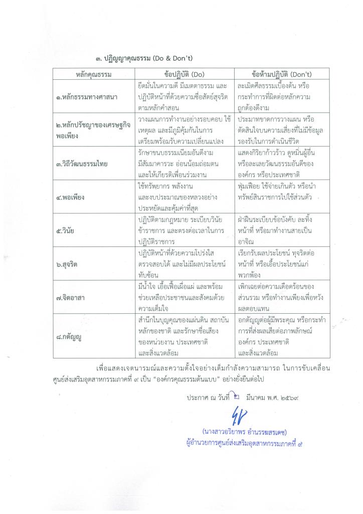 DC 9 ประกาศนโยบายขับเคลื่อนเป็นองค์กรคุณธรรม ประจำปีงบประมาณ พ.ศ. 2569