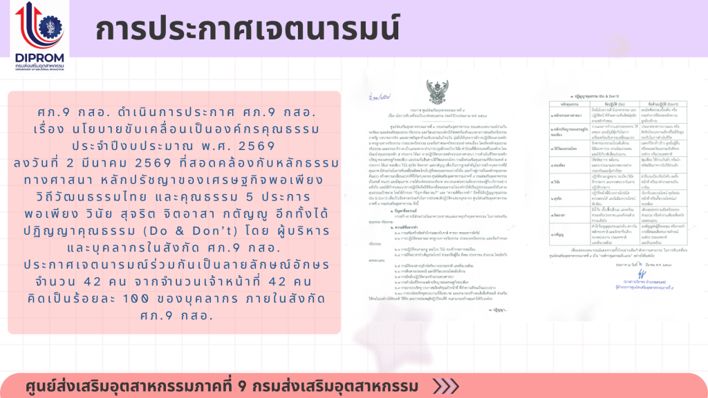 ศูนย์ส่งเสริมอุตสาหกรรมภาคที่ 9 กรมส่งเสริมอุตสาหกรรม เผยแพร่เอกสารองค์ความรู้จากการดำเนินการเป็นองค์กรคุณธรรม ประจำปีงบประมาณ 2569