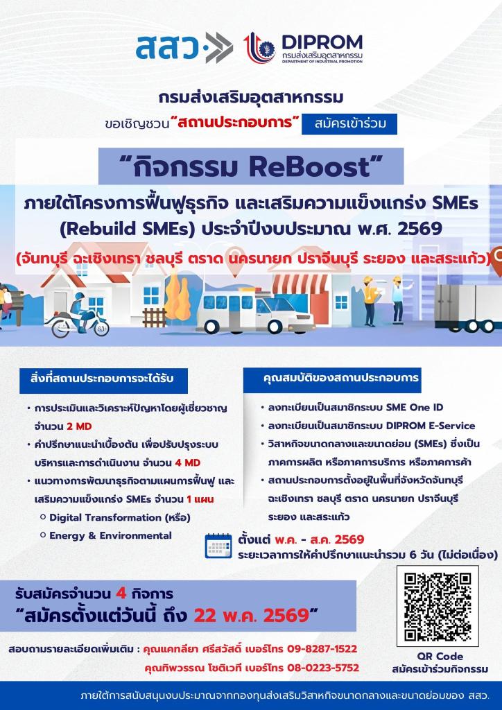รับสมัคร SMEs จำนวน 4 กิจการ เข้าร่วม กิจกรรมการเสริมความแข็งแกร่ง SMEs (6 MD) (ReBoost) ระยะที่ 1 (แผนงาน Digital Transformation หรือ Energy & Environmental)