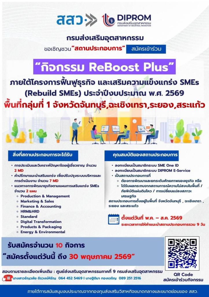 ขอเชิญชวนผู้ประกอบการสมัครเข้าร่วม กิจกรรมReBoost Plus กลุ่มที่1 พื้นที่ จังหวัดฉะเชิงเทรา ระยอง สระแก้ว จันทบุรี