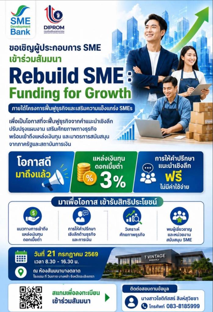 ขอเชิญเข้าร่วมสัมมนา Rebuild SME : Funding for Growth ฟื้นฟูธุรกิจ เสริมความแข็งแกร่ง  พร้อมต่อยอดการเติบโตอย่างยั่งยืน