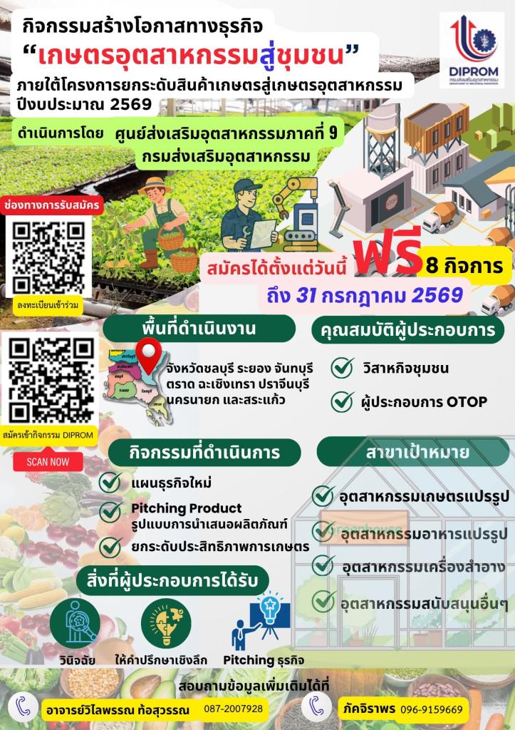 ขอเชิญเข้าร่วม กิจกรรมสร้างโอกาสทางธุรกิจเกษตรอุตสาหกรรมสู่ชุมชน ประจำปีงบประมาณ พ.ศ. 2569