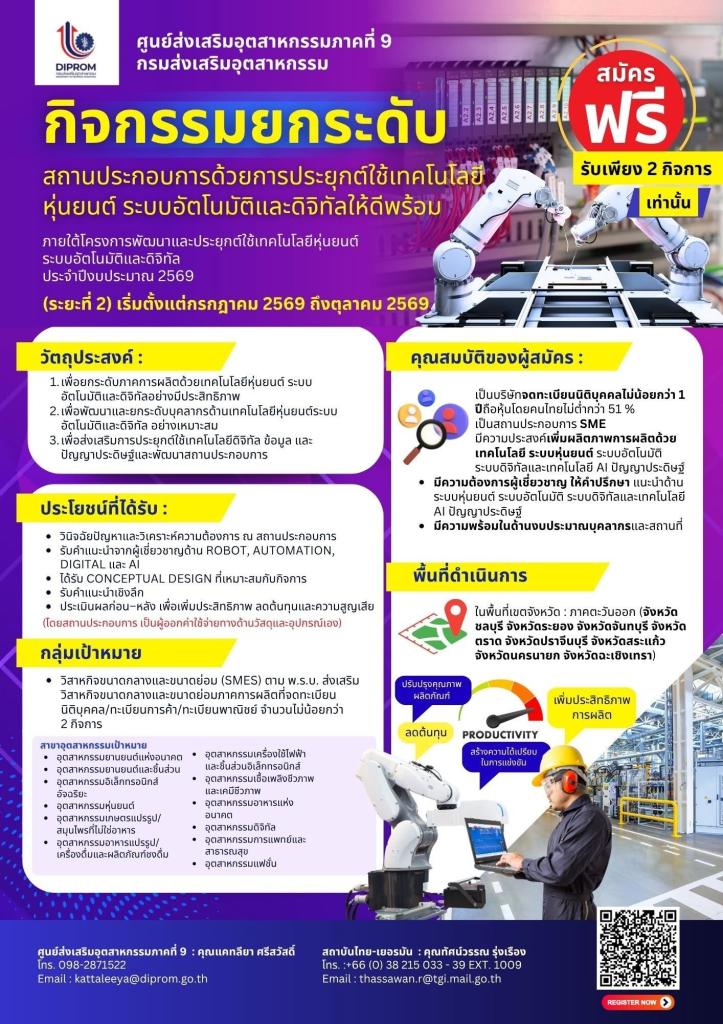 รับสมัคร SMEs เข้าร่วมกิจกรรมยกระดับสถานประกอบการด้วยเทคโนโลยี หุ่นยนต์ ระบบอัตโนมัติและดิจิทัล