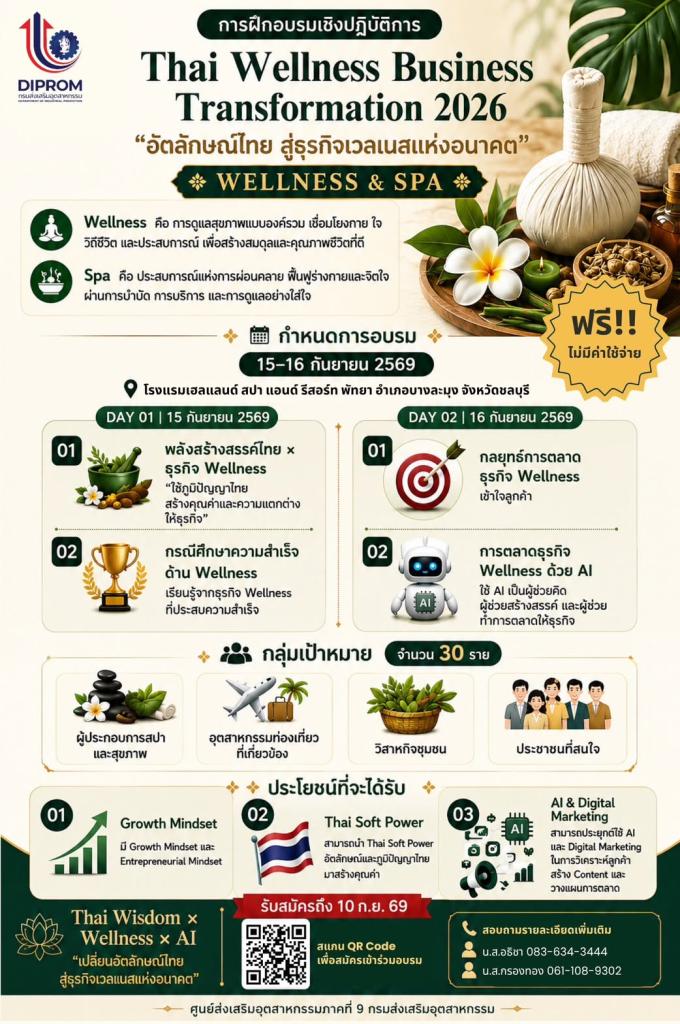 ขอเชิญผู้ประกอบการเข้าร่วมหลักสูตร Thai Wellness Business Transformation 2026  “อัตลักษณ์ไทย สู่ธุรกิจเวลเนสแห่งอนาคต”