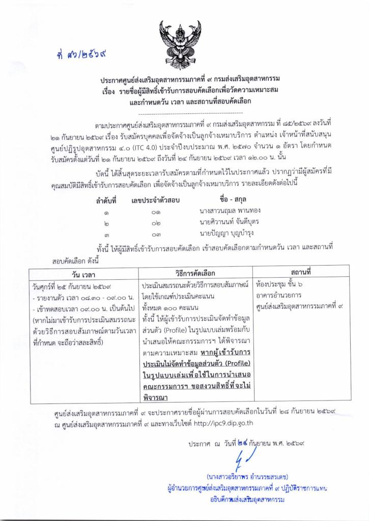 ประกาศรายชื่อผู้มีสิทธิ์เข้ารับการสอบคัดเลือกเพื่อวัดความเหมาะสม และกำหนดวัน เวลา และสถานที่สอบคัดเลือก